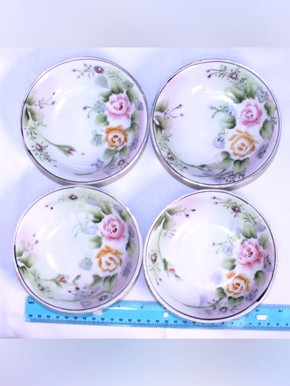 Antique Nippon Porcelain Berry or Dessert Bowls Set of 4 Rose Garden Design
